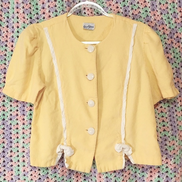 Vintage 80s Good Times Yellow Button Up Top w Bows - Picture 1 of 7